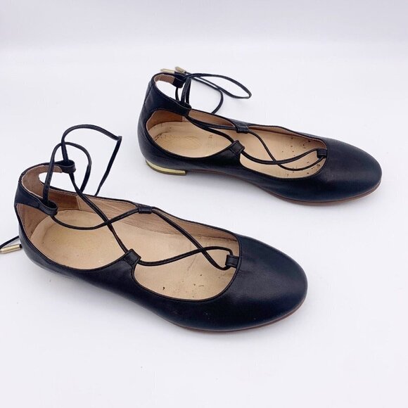 Aquazzura Mini Christy Lace-Up Pointed Toe Flats Black Leather Size 30 - Picture 1 of 11